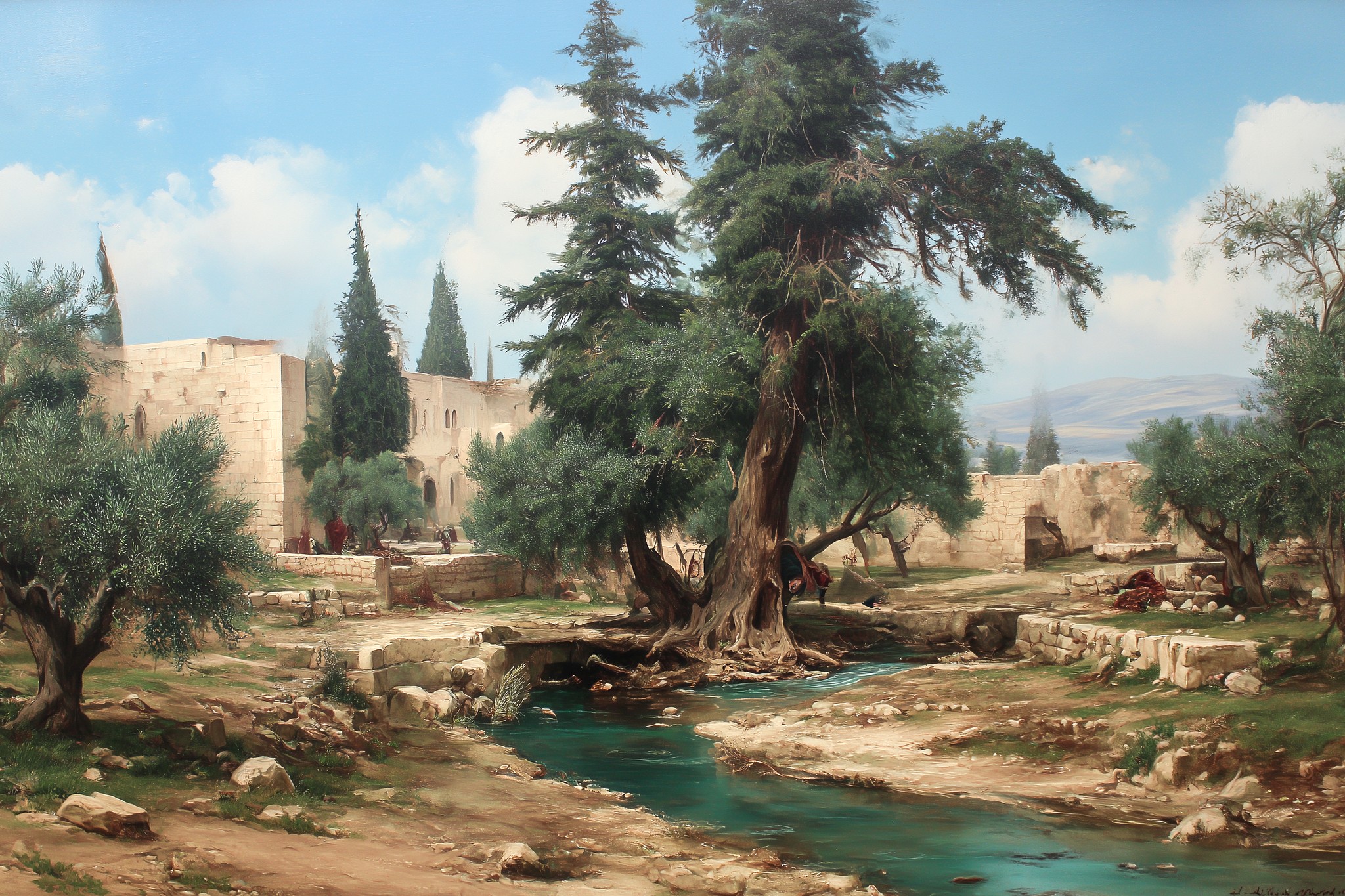 Ancient Levant Landscape with Flowing Water and Stone Ruins