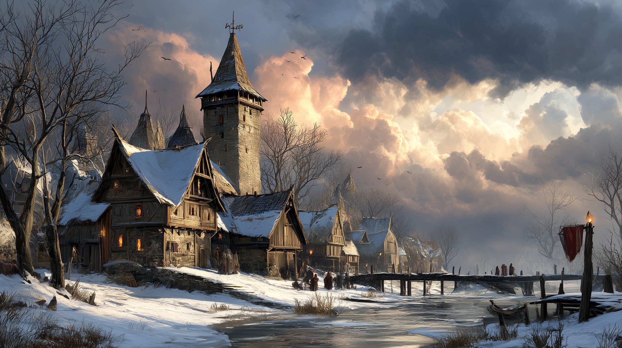 Winter's Embrace: A Medieval Village Under Dramatic Skies
