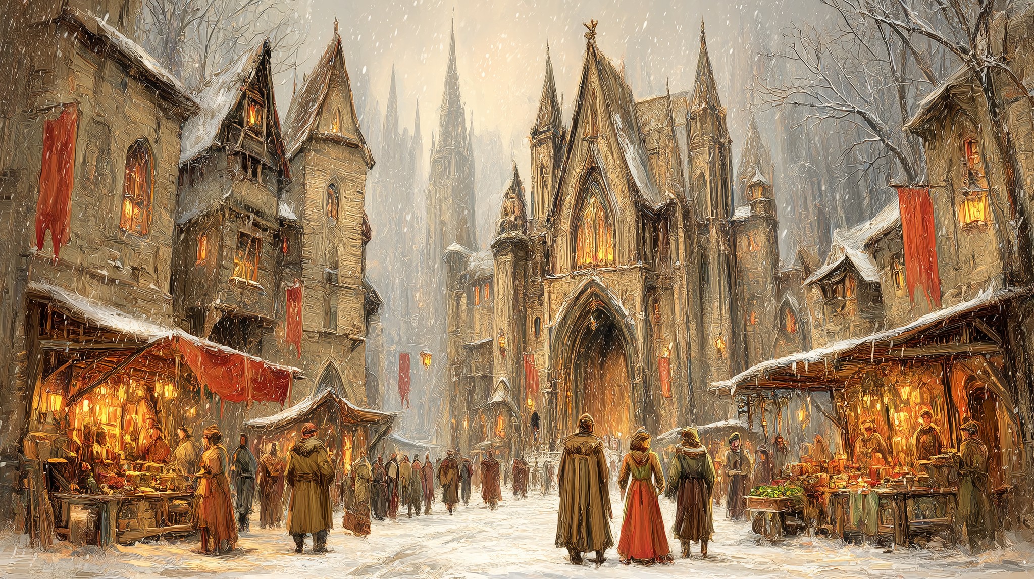 Medieval Winter Market: A Snowy Townscape Scene