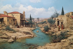 Ancient Levant Village Along a Turquoise Stream