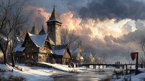 Winter's Embrace: A Medieval Village Under Dramatic Skies