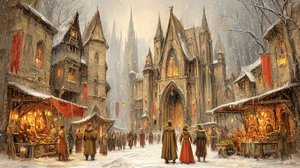 Medieval Winter Market: A Snowy Townscape Scene