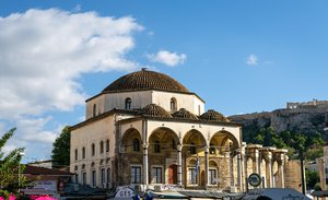 Historic Mosque in Plaka, Athens Under a Blue Sky
