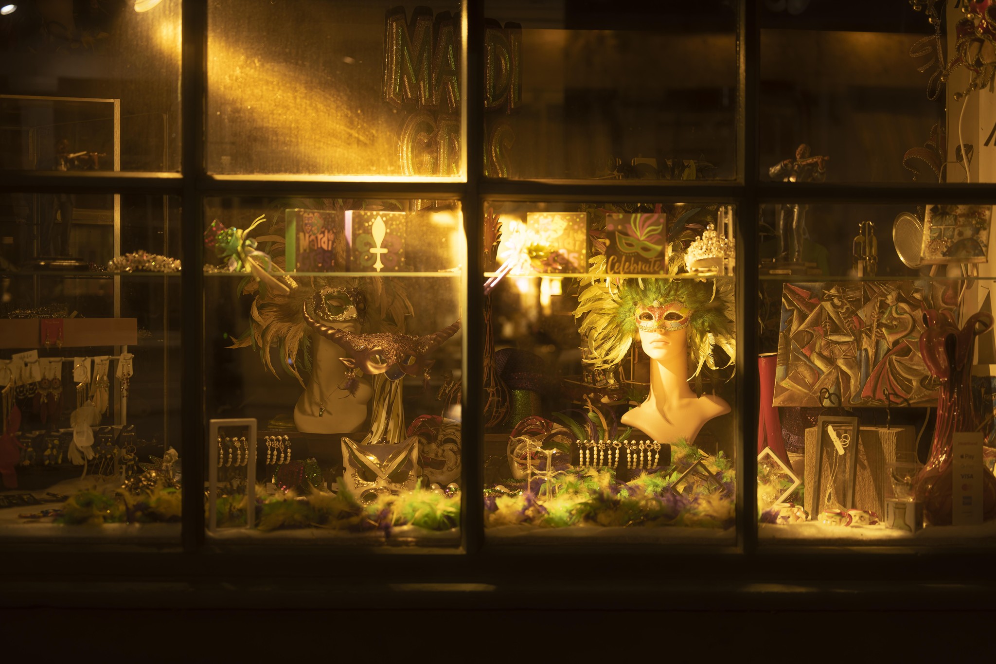 New Orleans Mask Shop Window Display at Night