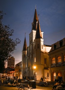 St. Louis Cathedral Illuminates Jackson Square at Dusk