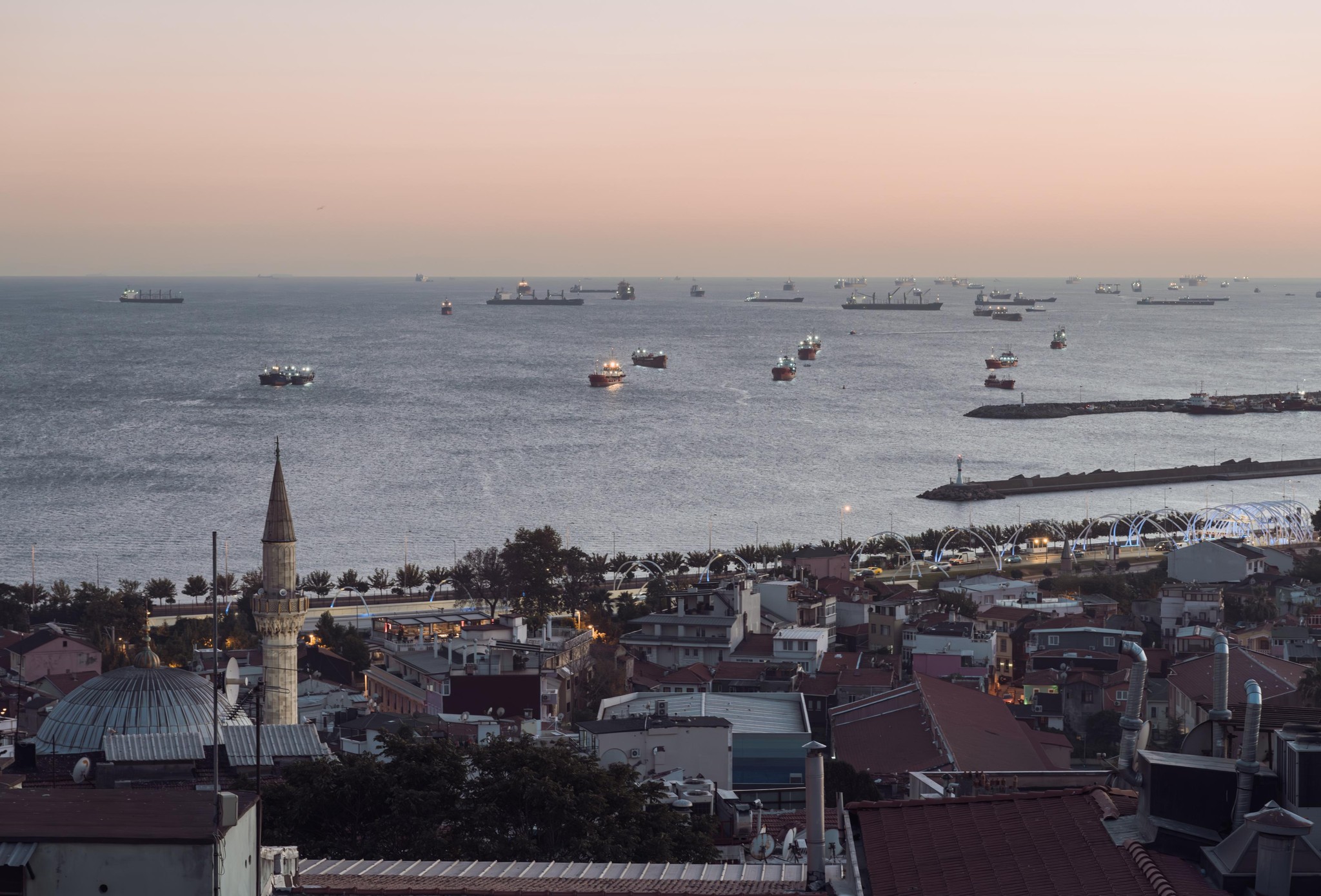 Istanbul Skyline with Bosphorus Shipping Traffic at Dusk
