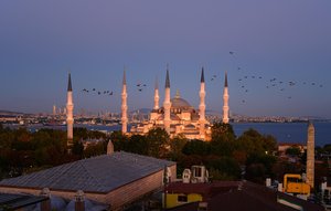 Istanbul's Hagia Sophia at Twilight with Bird Flight