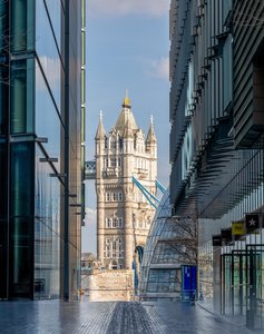 Tower Bridge Framed by Modern London Architecture